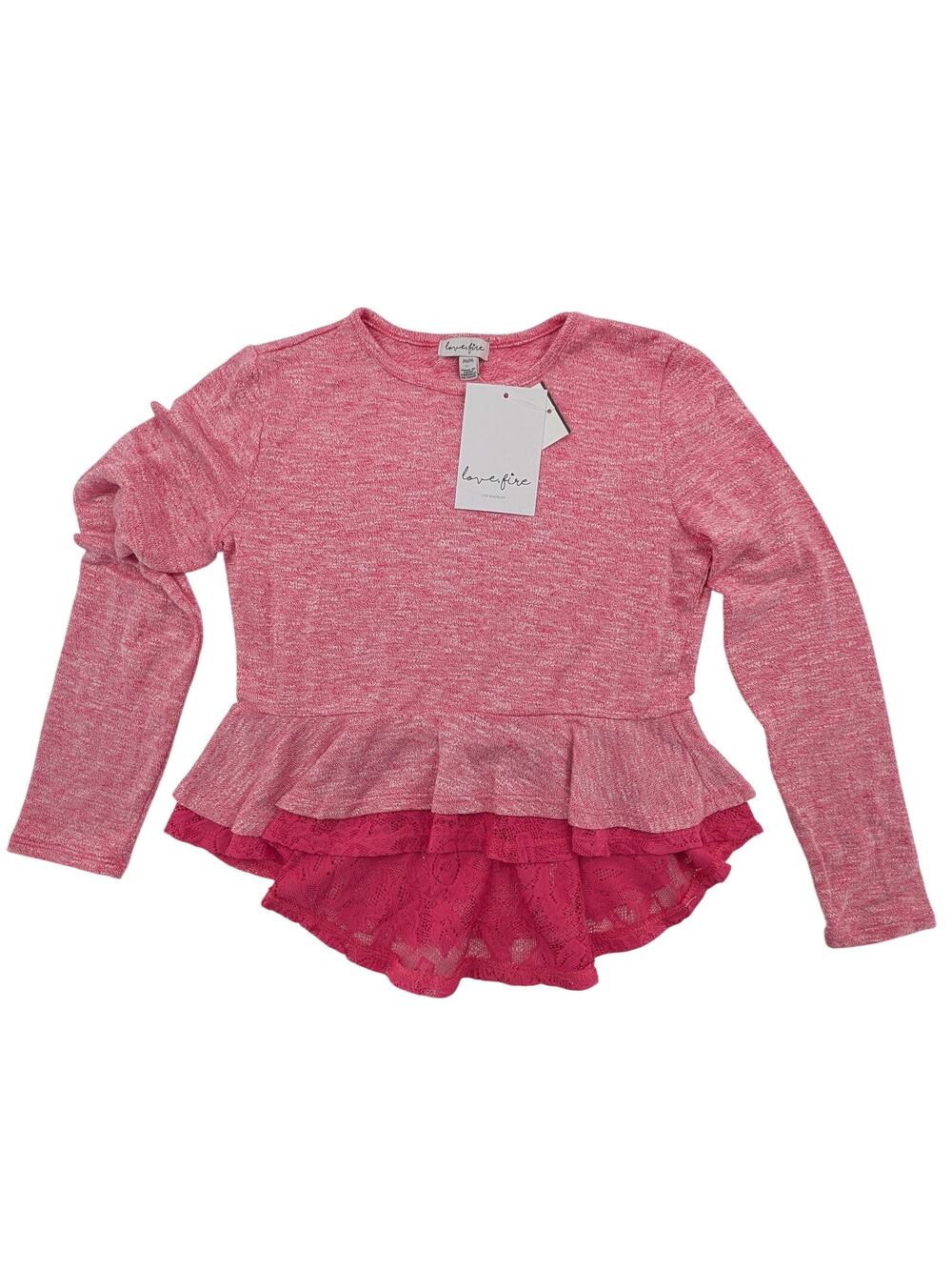 Love, Fire Long Sleeve Peplum Lace Trim Top Hi Low Ruffle